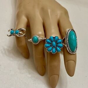 Vintage, 4pc Silver Tone- Faux Turquoise Rings (F)